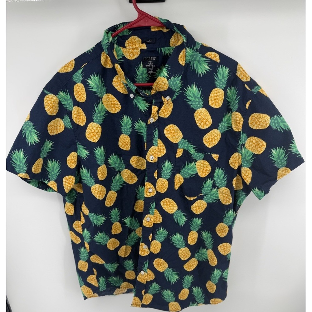 J.Crew Flex Washed Men's XXL Slim Pineapple Print Shirt Navy Short Sleeve